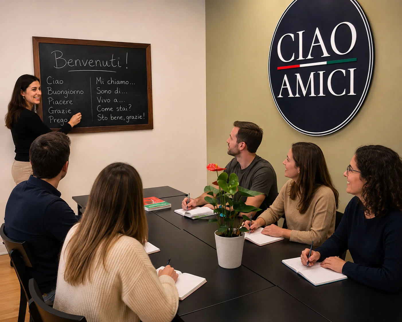 Filomena teaching an Italian class for adults at Ciao Amici