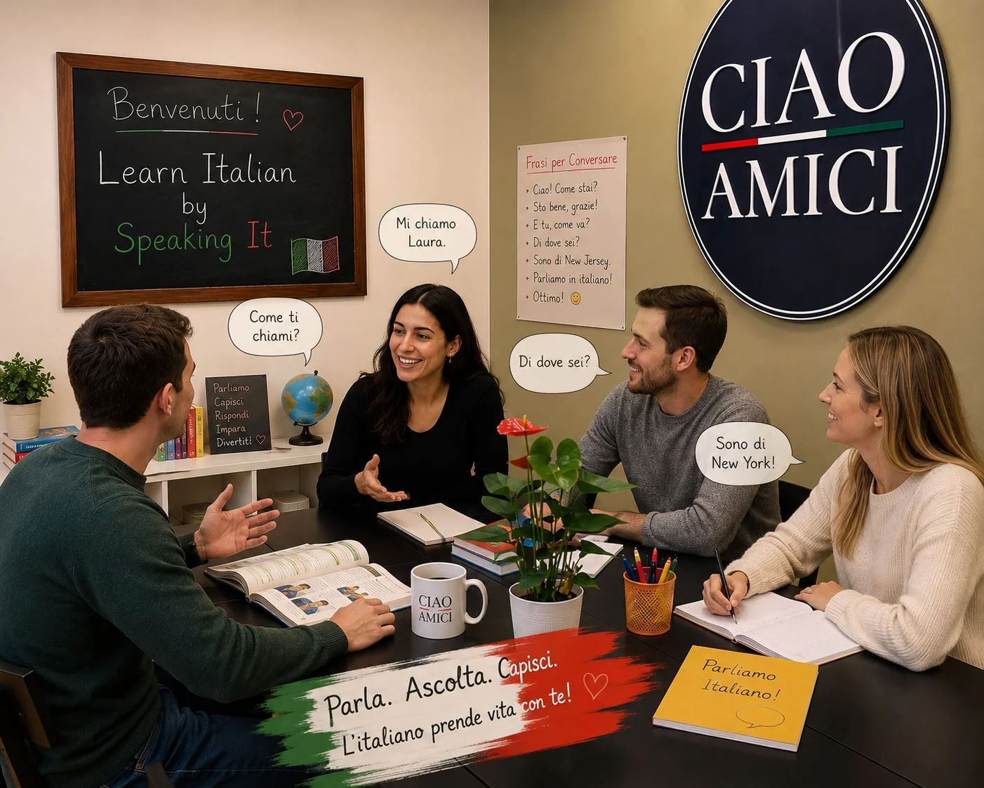 Students learning Italian through conversation with Filomena at Ciao Amiciss